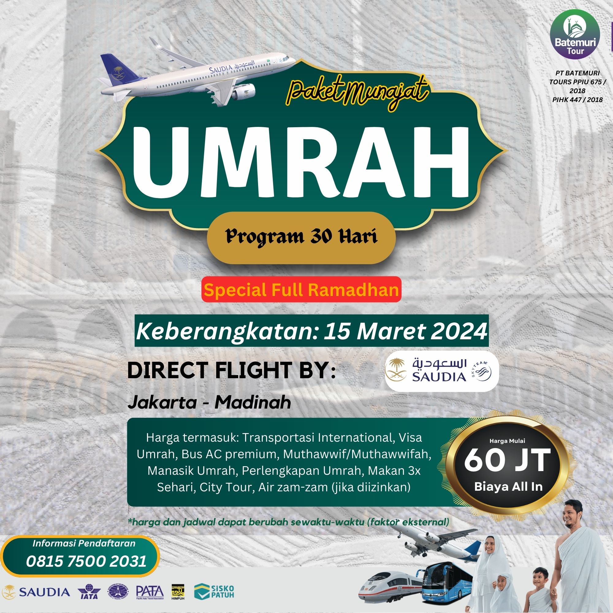 Umrah Full  Ramadhan 1445 H -Reguler ,Khazzanah Tour, Paket 30 hari, Keberangkatan 15 Maret 2024